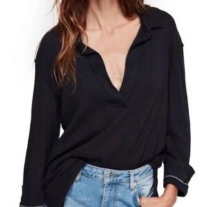 Free People Annie Ribbed Collar V Neck Pull Over Top